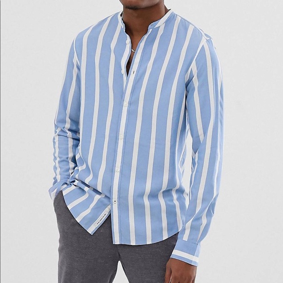 HP Bershka Men’s Striped Shirt W Granddad Collar in Sky Blue Sz S Linen Cotton - Picture 1 of 8